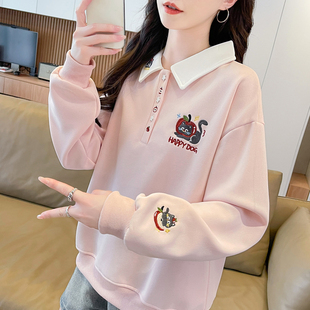 小猫刺绣polo领卫衣女秋季2026新款宽松初中生娃娃领撞色上衣外套