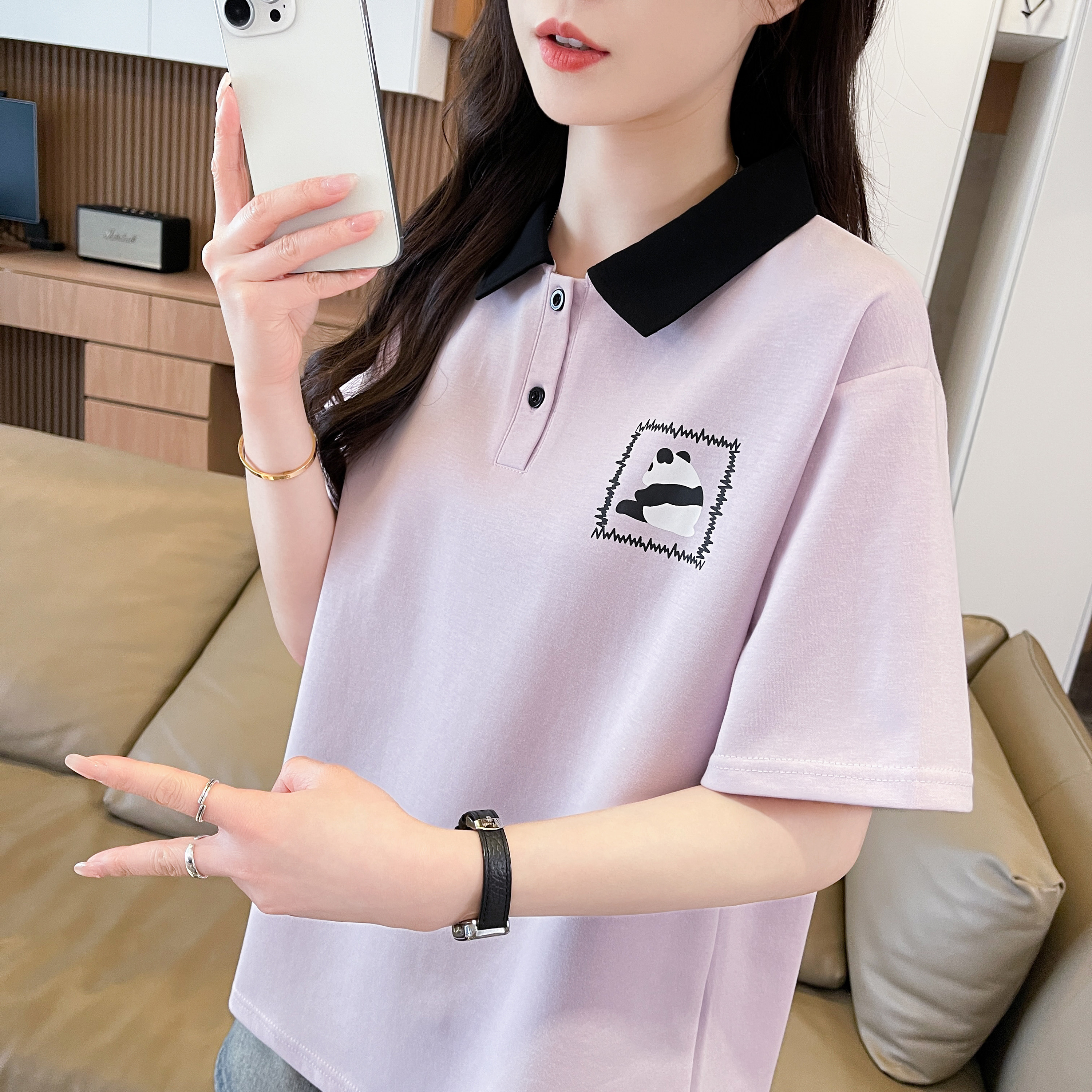 小熊猫印花短袖t恤女夏季2026新款宽松大码撞色polo领紫色上衣服
