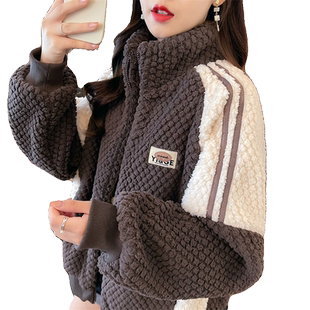 加绒加厚羊羔毛外套女秋冬季韩版宽松大码设计感小众半高领卫衣潮