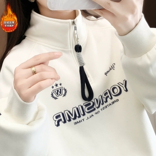 小个子半高领卫衣女秋冬2025新款宽松加绒加厚初中生百搭上衣外套