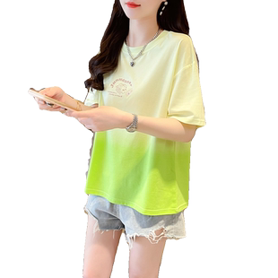 大码女装渐变色短袖t恤女夏季韩版宽松设计感小众拼色百搭上衣服