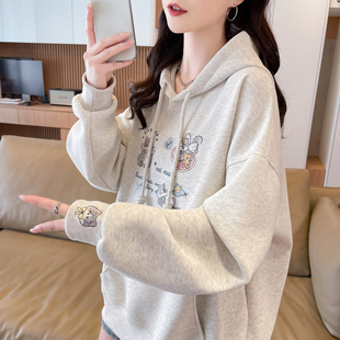 灰色连帽卫衣女秋冬季2026新款宽松学院风初中生刺绣猫咪百搭外套