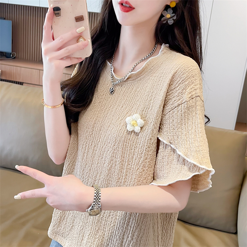 小个子短袖t恤女夏季韩版宽松大码女装设计感小众荷叶边百搭上衣