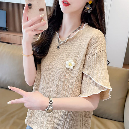 小个子短袖t恤女夏季韩版宽松大码女装设计感小众荷叶边百搭上衣