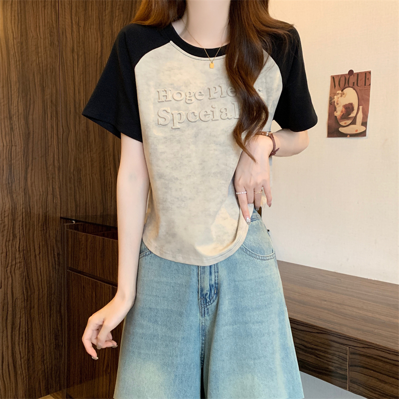 设计感小众正肩短袖t恤女夏季韩版宽松大码胖mm显瘦短款撞色上衣