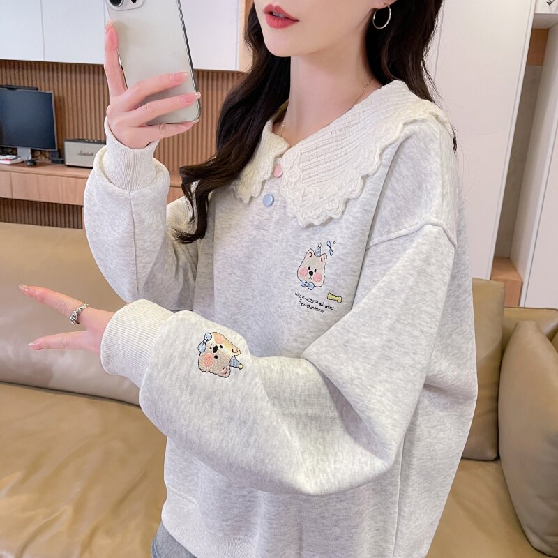 假两件polo衫卫衣女春秋季2026新款宽松设计感蕾丝娃娃领上衣外套