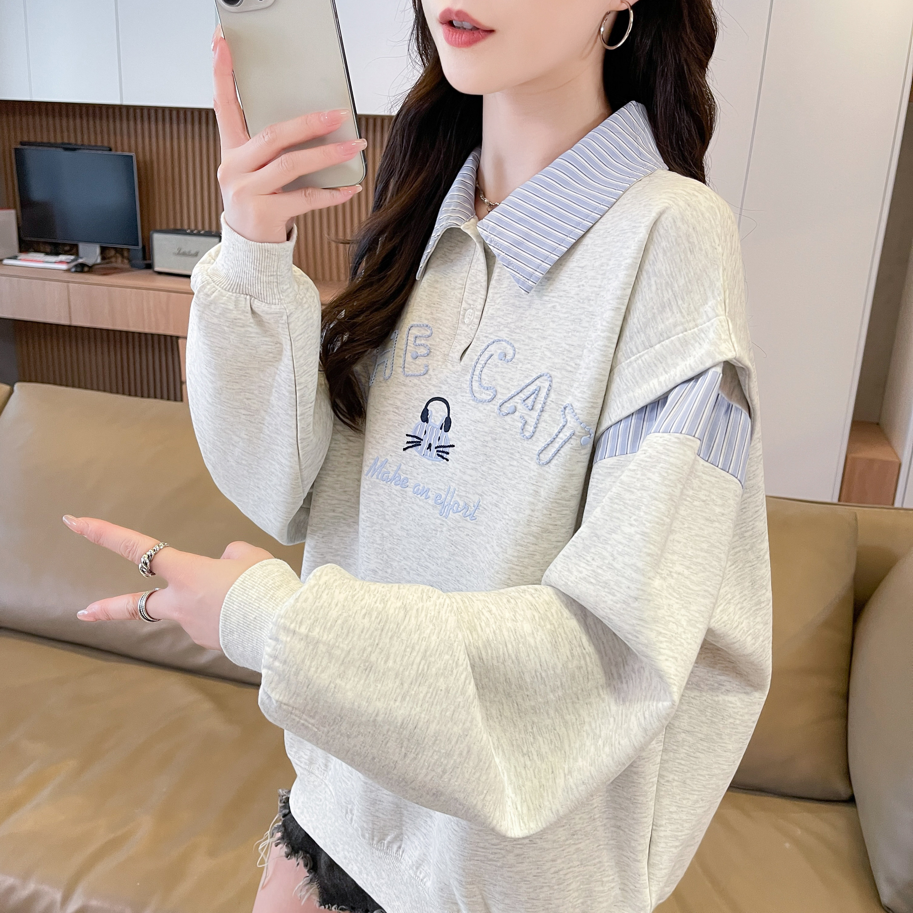 假两件polo衫卫衣女秋季2026新款宽松学院风初中生拼接衬衫领外套