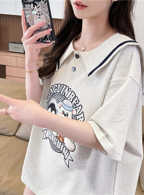 海军领短袖t恤女2026夏季新款宽松大码设计感小个子百搭刺绣上衣