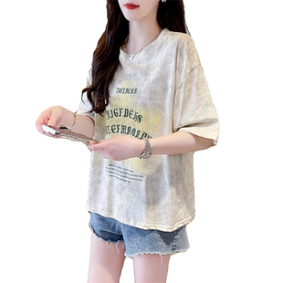 设计感小众短袖t恤女夏装韩版宽松大码小个子百搭纯棉扎染上衣服
