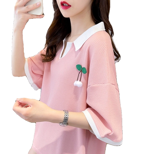 翻领polo衫短袖t恤女夏季韩版宽松假两件小个子学生百搭撞色上衣