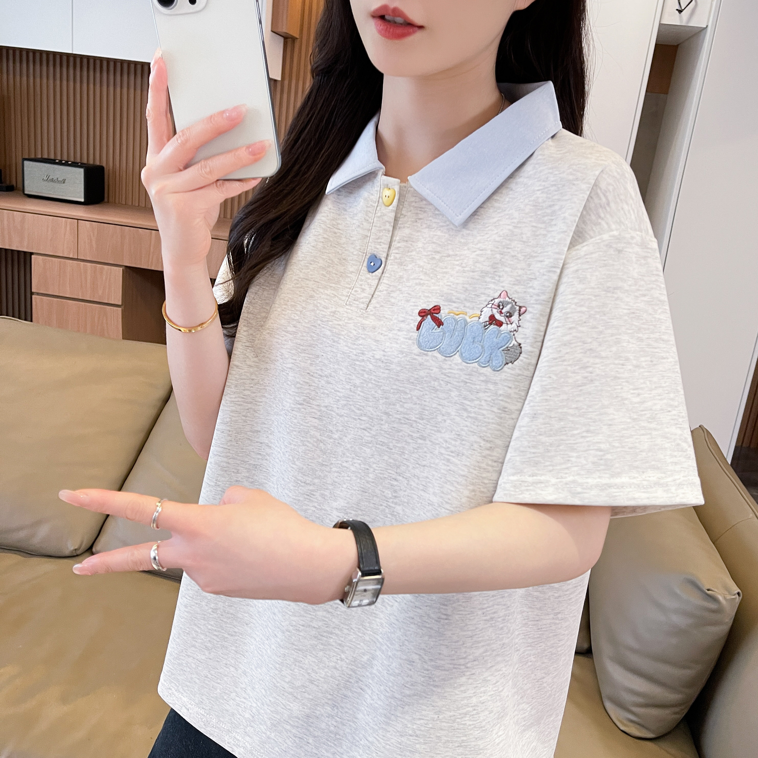 半袖polo衫短袖t恤女2026夏装新款宽松大码小个子初中生翻领上衣