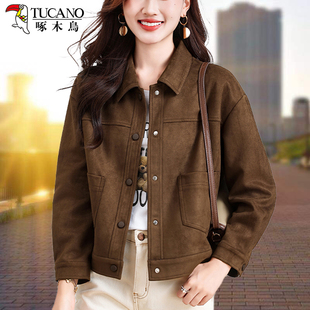 啄木鸟工装风鹿皮绒外套女2026春秋款小个子短款外套时尚洋气妈妈