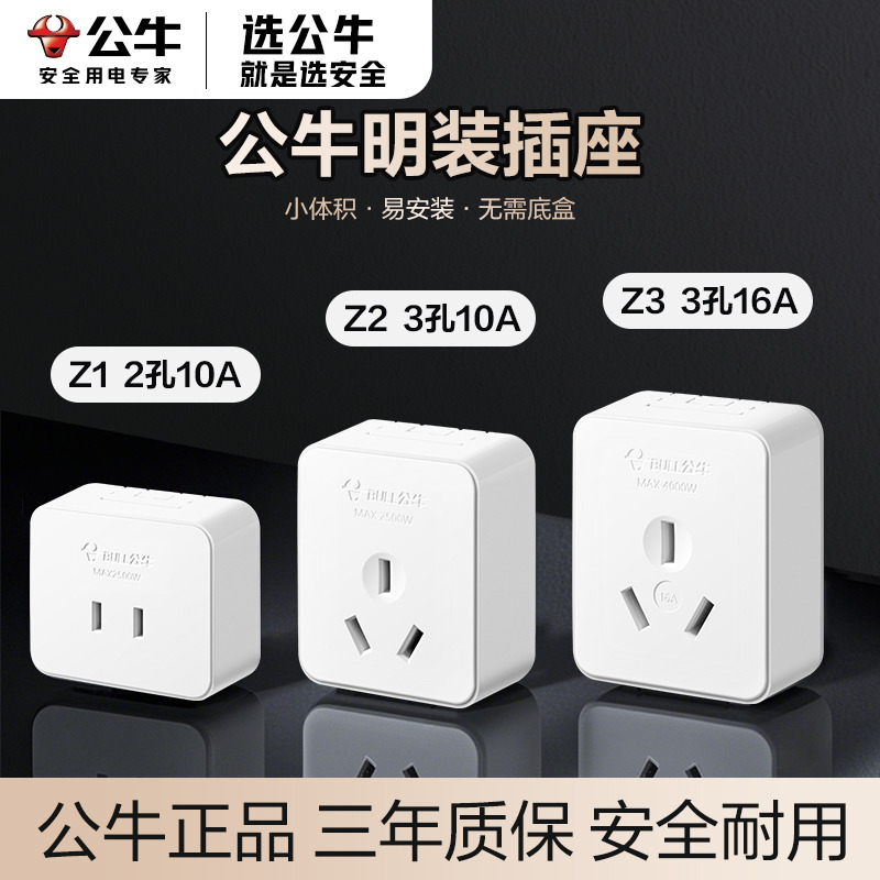 公牛小型二脚明装面板插座