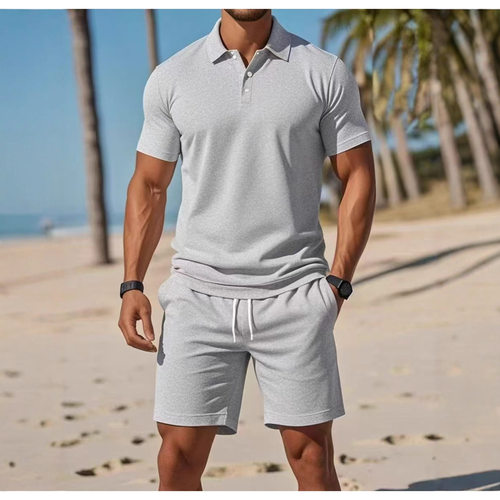 纽扣T恤短裤男士休闲套装Button T-shirt Shorts Men's CasualSet
