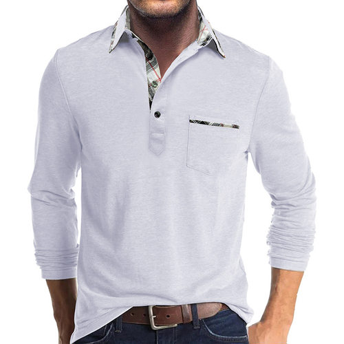 Collar plaid slim fit T-shirt for men   翻领格子修身T恤男