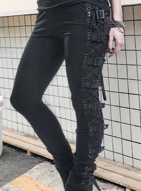 Side cross tie and nail punk style leggings侧边交叉系带长裤