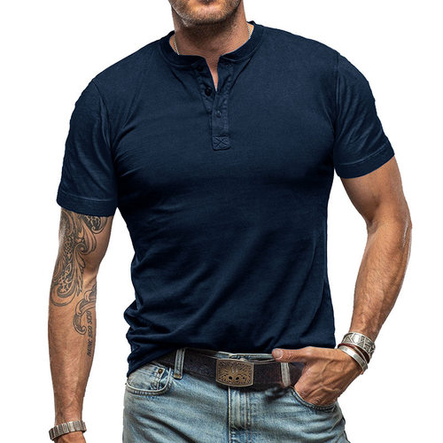 纯色圆领系扣t恤上衣Solid color round neck buckle T-shirt top