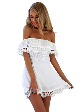 Casual Beach Dress Short White Sundress女花边一字露肩连衣裙