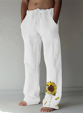 Sunflower printed cotton and linen pants男向日葵印花棉麻长裤