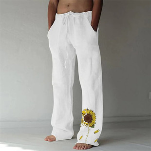 Sunflower printed cotton and linen pants男向日葵印花棉麻长裤