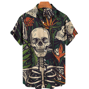 Print Casual 2022 Shirt男骷髅印花衬衫 Skull Beach Button