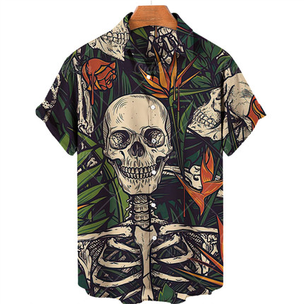 2022 Button Skull 3D Print Casual Beach Shirt男骷髅印花衬衫