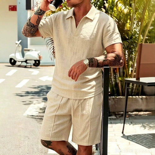 翻领短袖短裤套装男 Men's Crewneck Short Sleeve Shorts Set