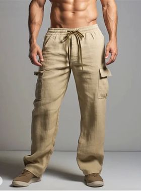 Solid color drawstring with pocket pants纯色抽绳带口袋长裤男