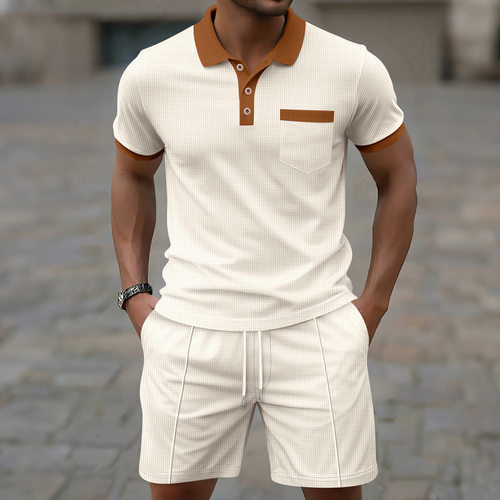 翻领拼色上衣短裤套装Collar color blocked top and shorts set