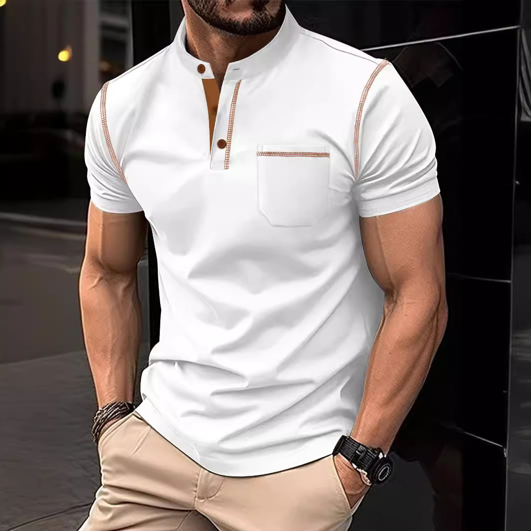 Solid color short sleeved stand up collar top短袖立领上衣男