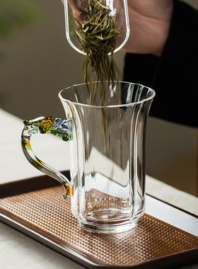 龙把手绿茶杯个人专用高硼硅泡茶玻璃杯带把高级感透明高颜值水杯