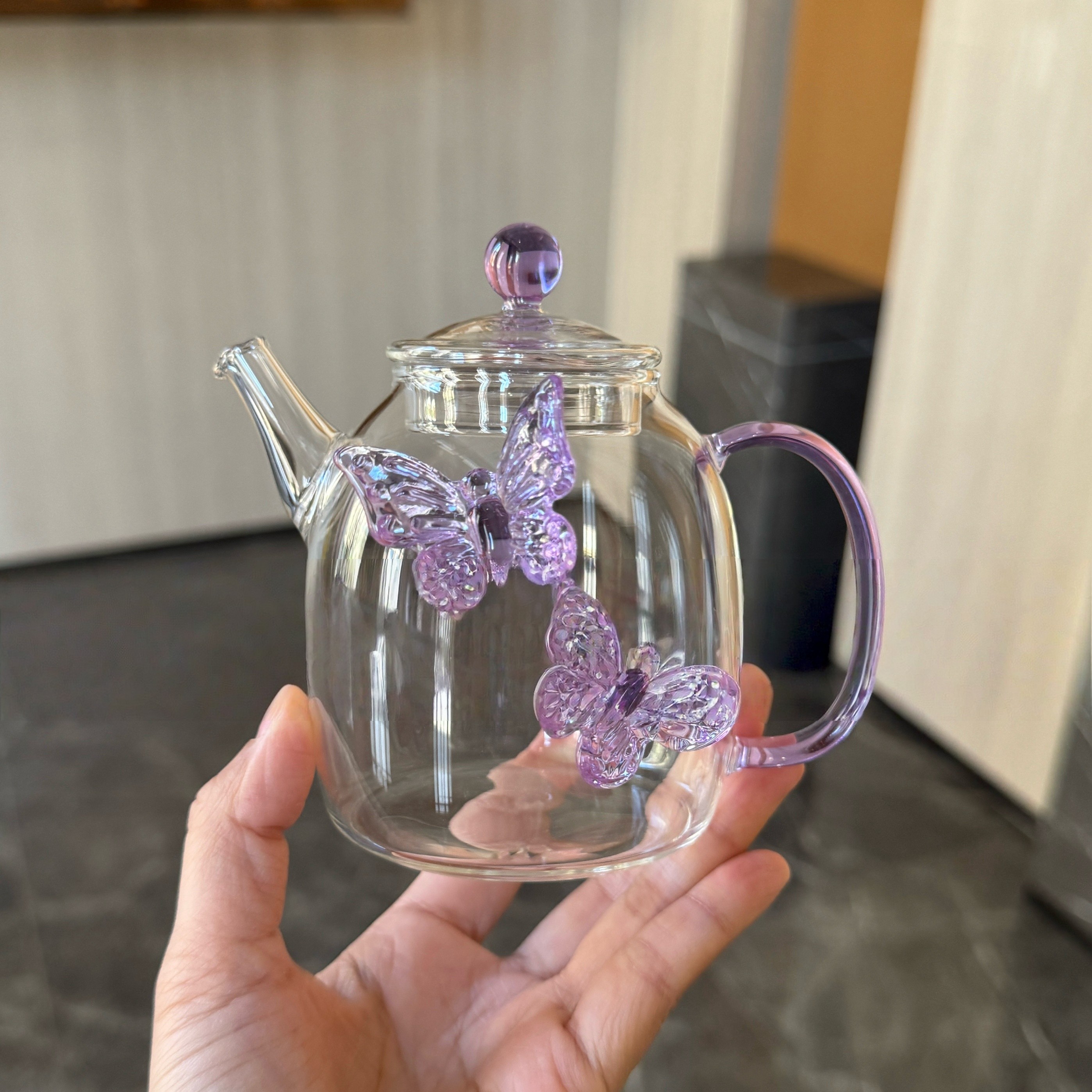 蝴蝶玻璃茶壶高硼硅泡茶壶迷你小号家用花茶壶冷泡壶绿茶壶300ml