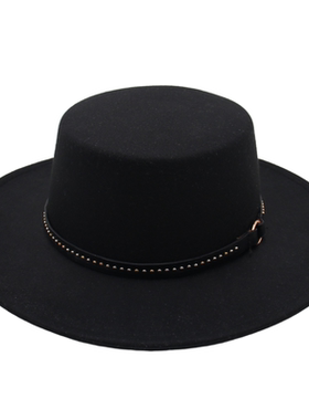 法式复古百搭黑色毛呢帽男女士欧美户外遮阳平顶帽优雅英伦风礼帽