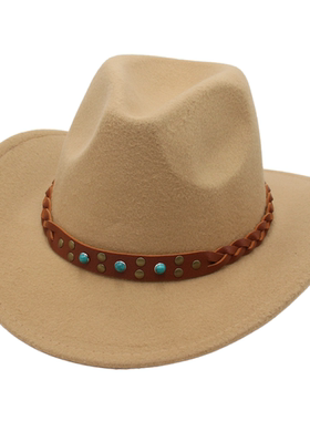 新款西部牛仔帽黑色仿羊毛呢男女士大檐帽复古民族风户外骑马礼帽