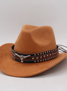 欧美秋冬季西部牛仔帽男女士毛呢爵士帽子新款大檐帽时尚翘边礼帽