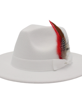 复古男士女士英伦风白色礼帽蝴蝶结羽毛宽檐法式fedora hat爵士帽