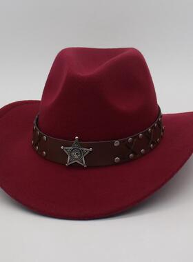 欧美风西部牛仔帽民族风藏式礼帽爵士帽仿麂皮绒卷边徽章舞台毡帽