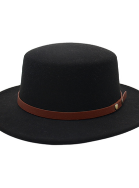 秋冬仿羊毛呢礼帽男女复古皮带爵士帽黑色平顶礼帽时尚名媛平檐帽