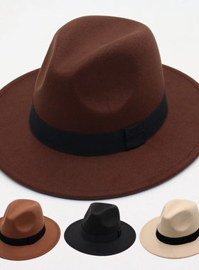 上海滩帽子复古丝带礼帽男女毛呢爵士帽英伦风新郎黑色呢子帽秋冬