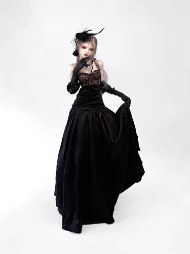 YEE手作 三分大女新款 黑色蕾丝缎面大裙摆礼服裙 现货