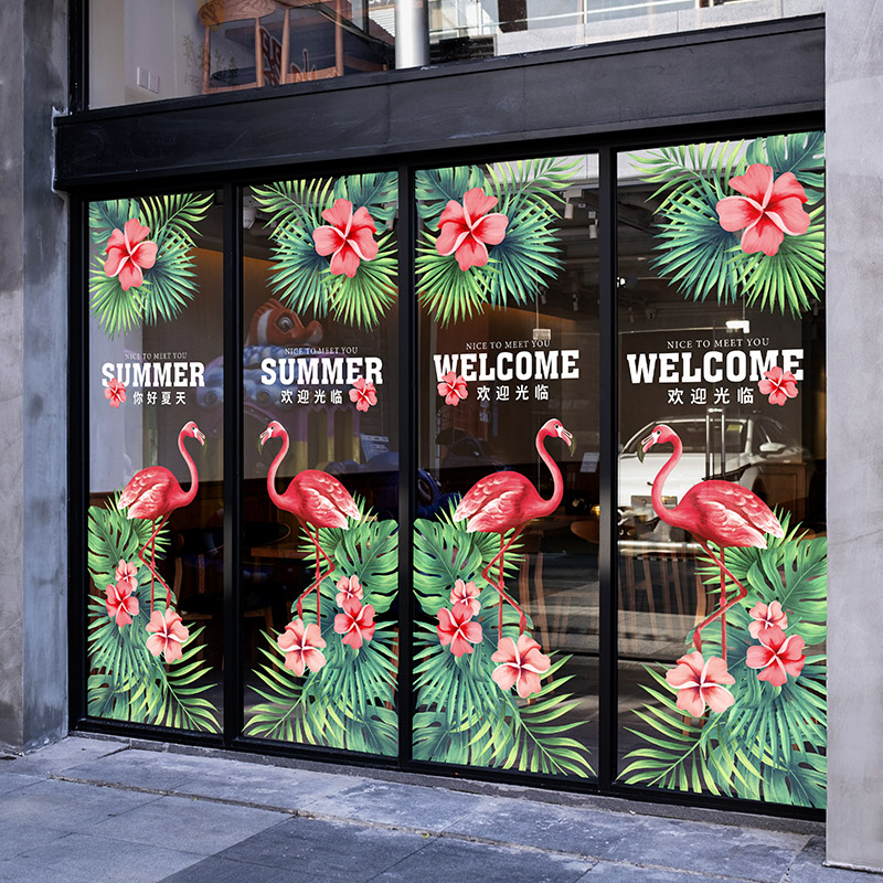 夏季网红植物火烈鸟橱窗装饰贴画商场酒店欢迎光临静电玻璃膜门套图片