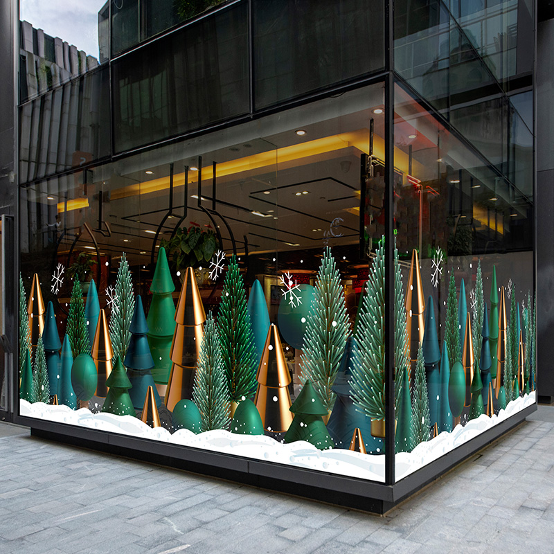 冬季雪景圣诞树玻璃橱窗装饰静电贴画商场大酒店新年气氛展厅布置图片