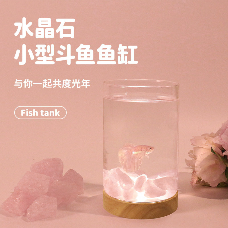 水晶石斗鱼缸泰国斗鱼小型桌面缸创意微景观夜灯送礼好物月光石