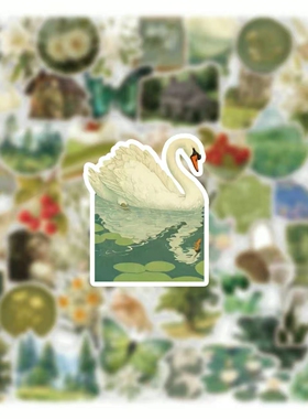 100张美式绿色油画风贴纸高级感文艺小物件创意小众装饰防水贴画