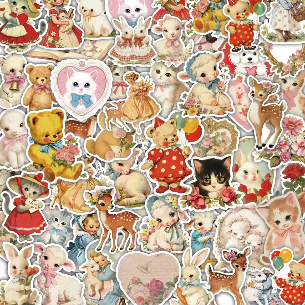 110张彩绘卡通复古可爱绘本涂鸦创意贴纸ins动物diy装饰水杯贴画