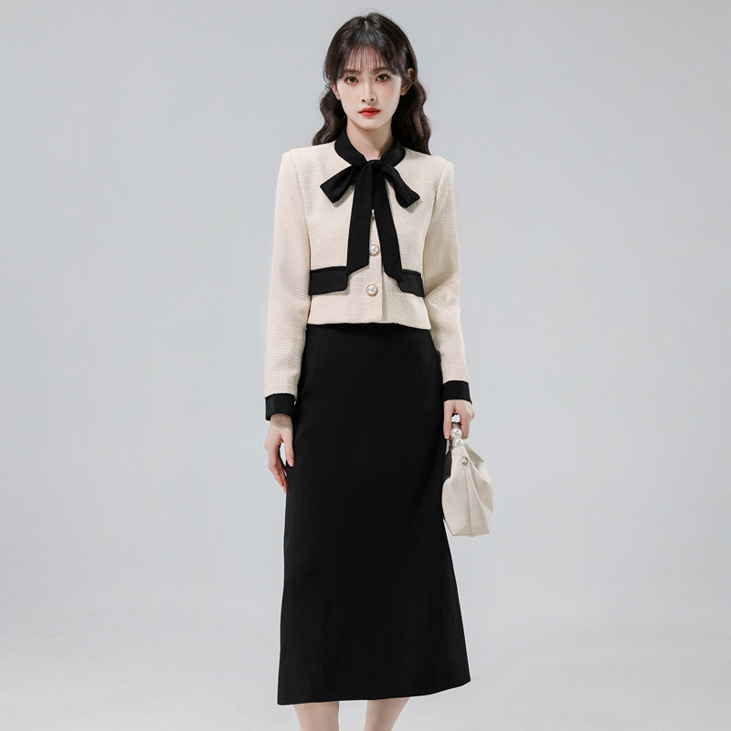 小香风高级感套装裙女2025秋冬小个子蝴蝶结短款外套半身裙两件套