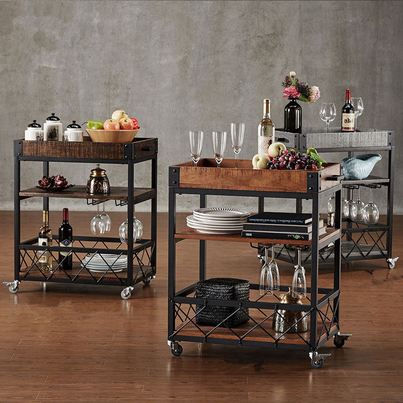 美式实木餐车家用厨房复古移动小推车酒水车酒店餐厅送餐车定制