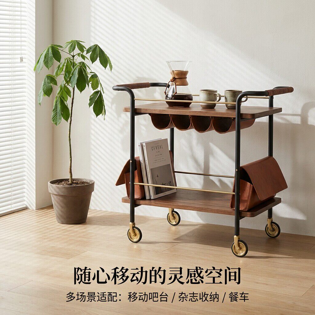 静音无声铁艺餐车多层手推车家用金属置物架别墅餐厅牛排红酒皮革