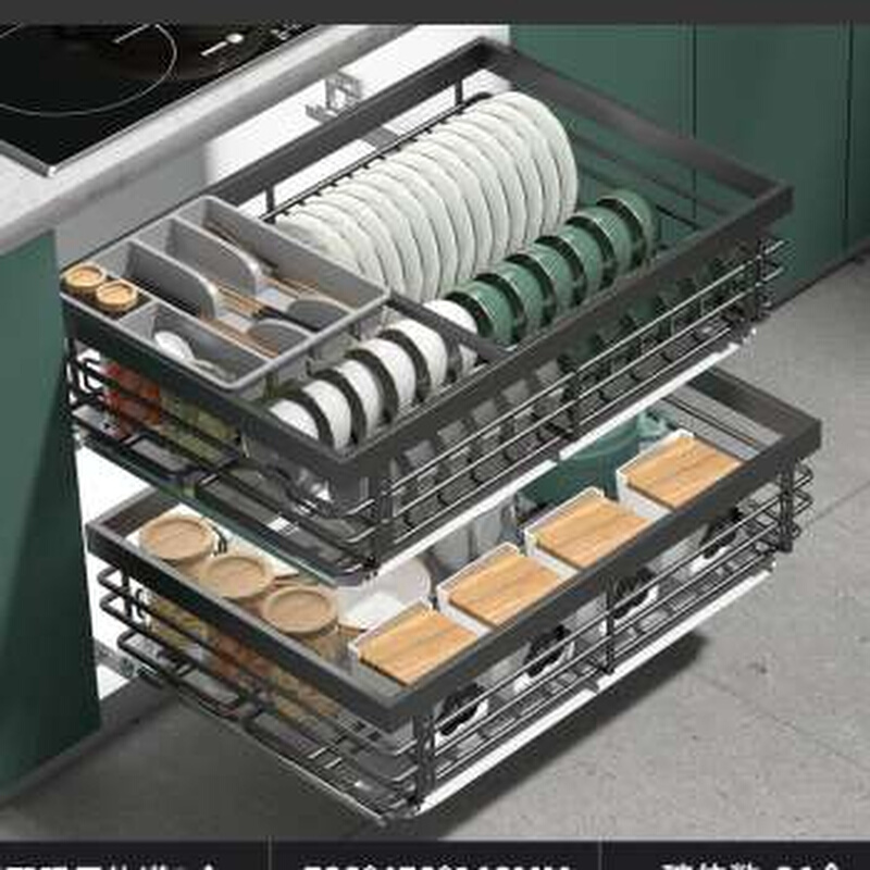 新品拉篮厨房整体橱柜304不锈钢双层碗篮抽屉式收纳碗盘柜调味内