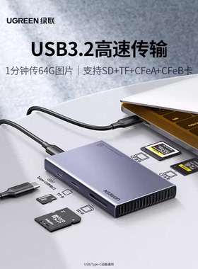 绿联USBC3.2转CFeA+CFeB+SD/TF+USB-C 4合1供电读卡器CM651/15583